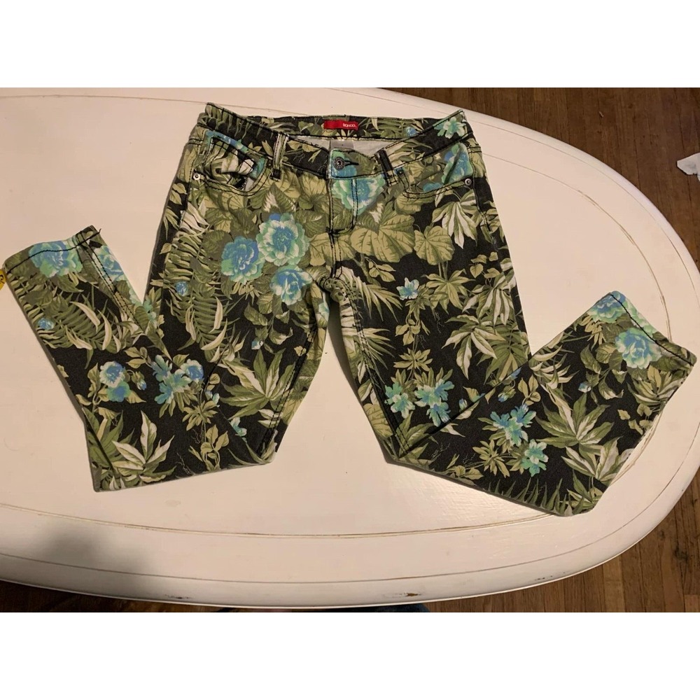 Y2K Bongo Jeans Women's Size 7 Floral Print Skinny Leg Pants Green Blue